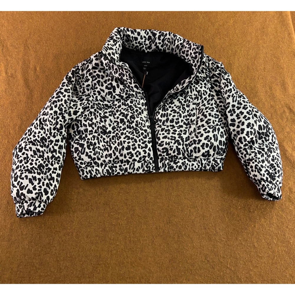 Love Tree Womens Large White Leopard Print Synthetic Down Puffer Jacket NWT